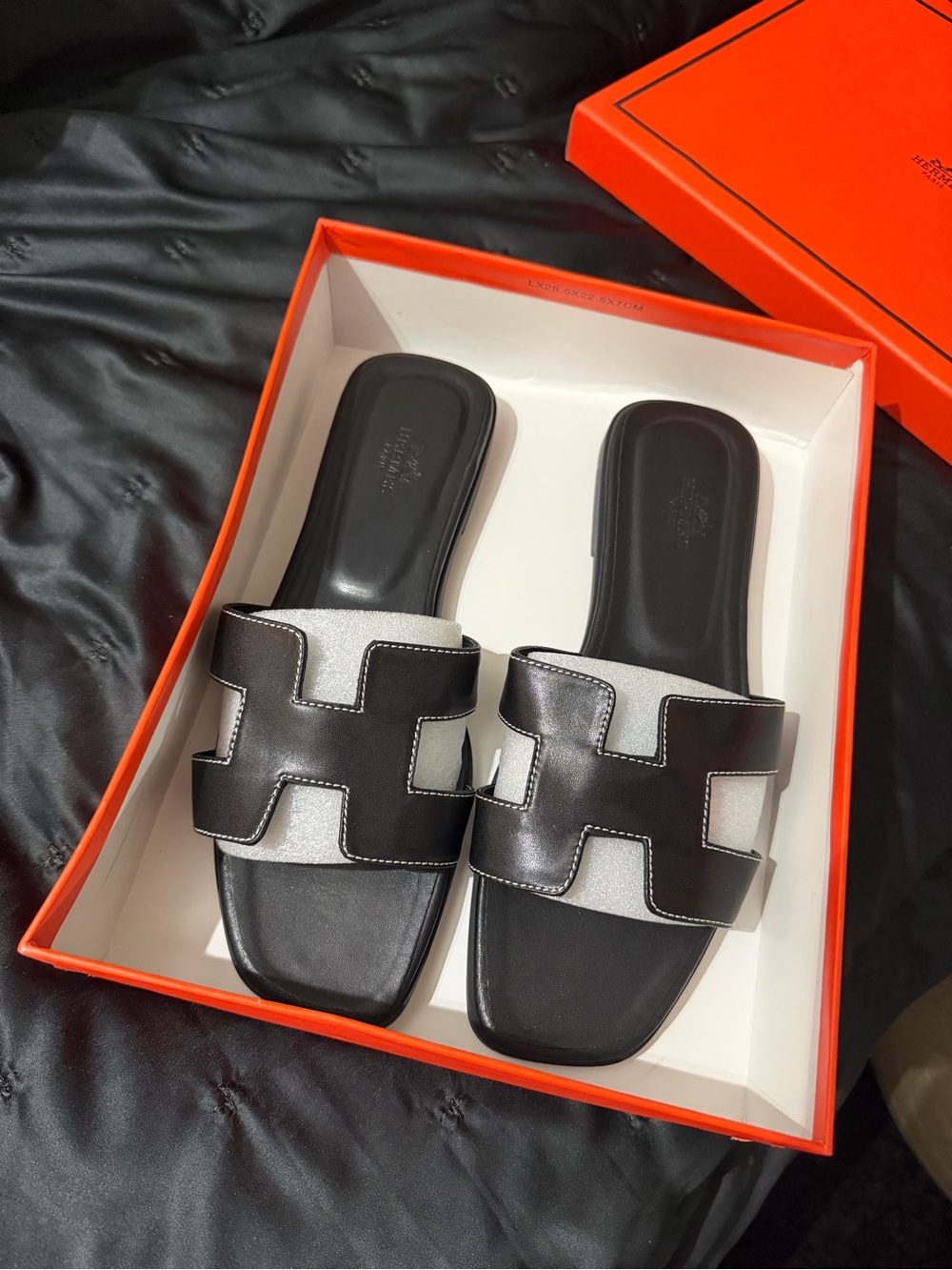 Hermes Black and White Leather Slide Sandals